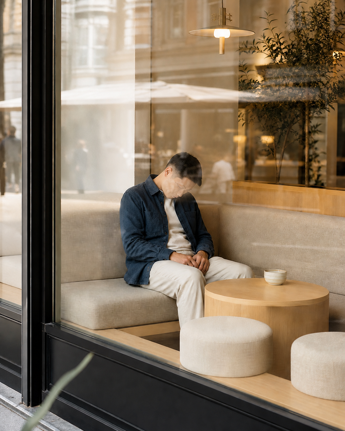 Un pratiquant assoupi dans un café, scène Vipassano